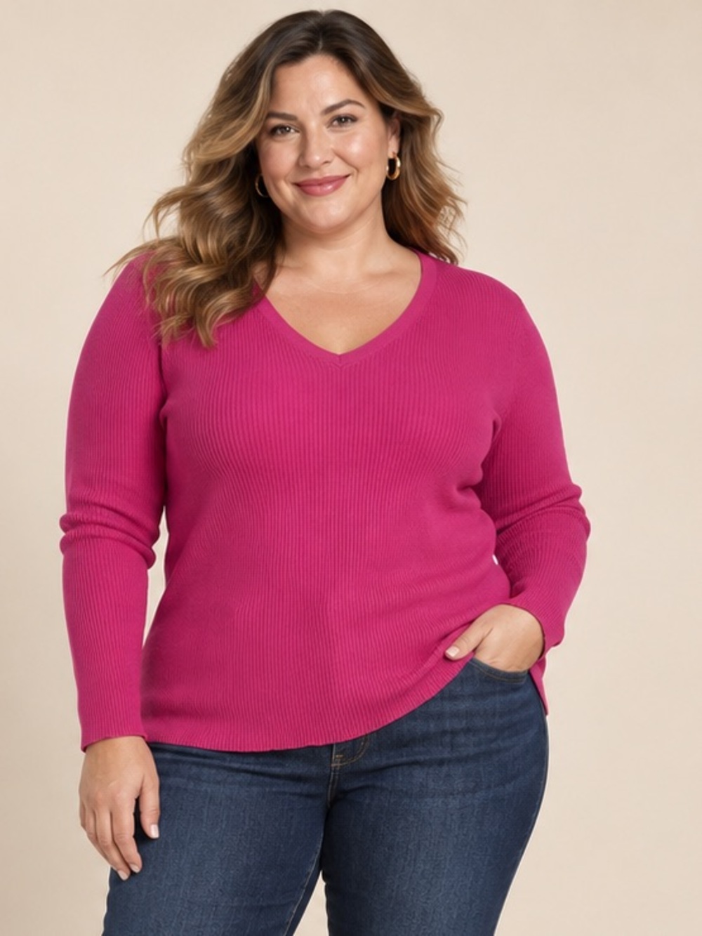 Chico’s Size 3 XL 16/18 Pink Silk Cotton Ribbed V-Neck Sweater
